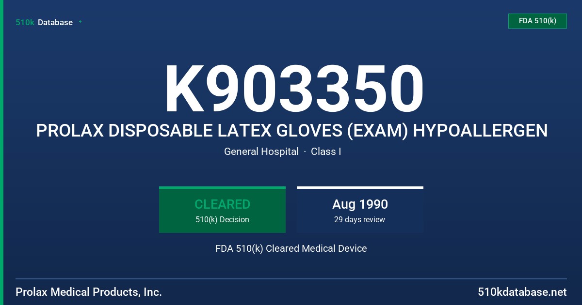 K903350 PROLAX DISPOSABLE LATEX GLOVES (EXAM) HYPOALLERGEN FDA 510(k) Cleared Medical Device