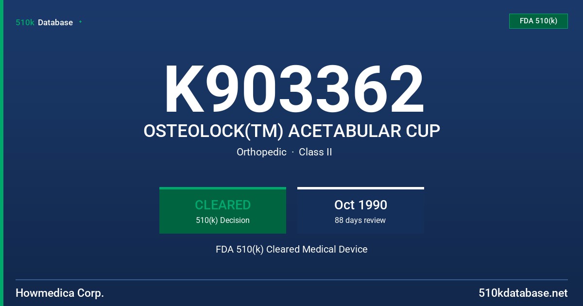 K903362 OSTEOLOCK(TM) ACETABULAR CUP FDA 510(k) Cleared Medical Device