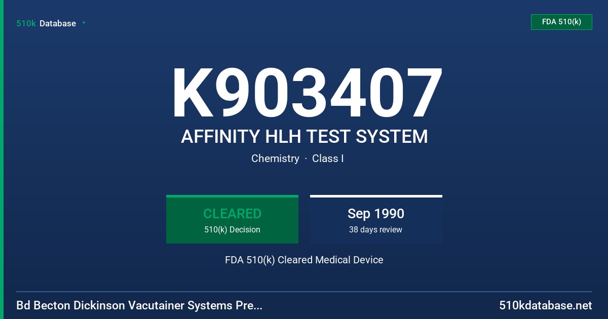 K903407 AFFINITY HLH TEST SYSTEM FDA 510(k) Cleared Medical Device