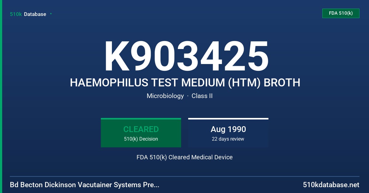K903425 HAEMOPHILUS TEST MEDIUM (HTM) BROTH FDA 510(k) Cleared Medical Device