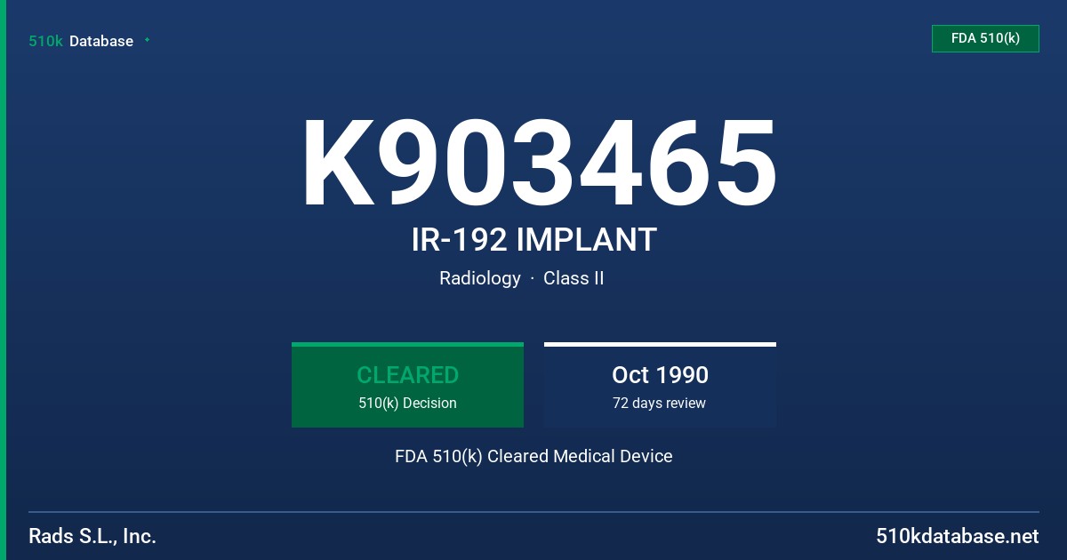 K903465 IR-192 IMPLANT FDA 510(k) Cleared Medical Device