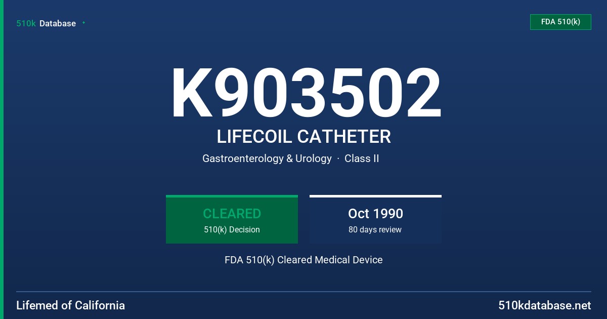 K903502 LIFECOIL CATHETER FDA 510(k) Cleared Medical Device