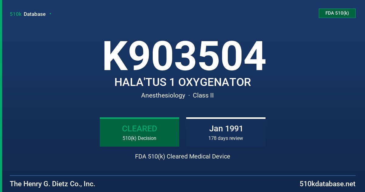 K903504 HALA'TUS 1 OXYGENATOR FDA 510(k) Cleared Medical Device