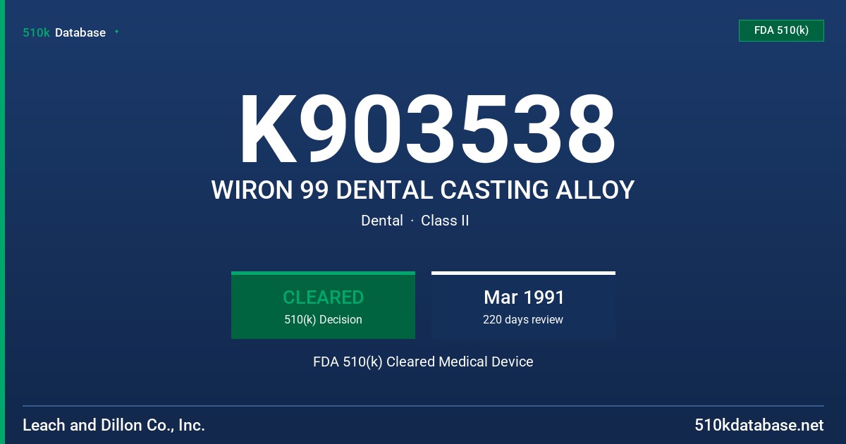K903538 WIRON 99 DENTAL CASTING ALLOY FDA 510(k) Cleared Medical Device