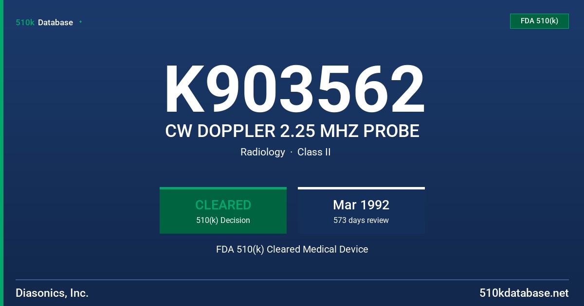 K903562 CW DOPPLER 2.25 MHZ PROBE FDA 510(k) Cleared Medical Device