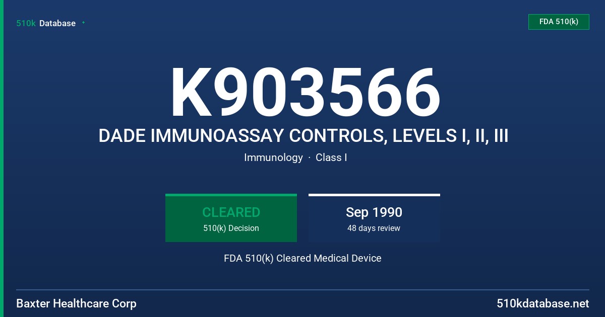 K903566 DADE IMMUNOASSAY CONTROLS, LEVELS I, II, III FDA 510(k) Cleared Medical Device