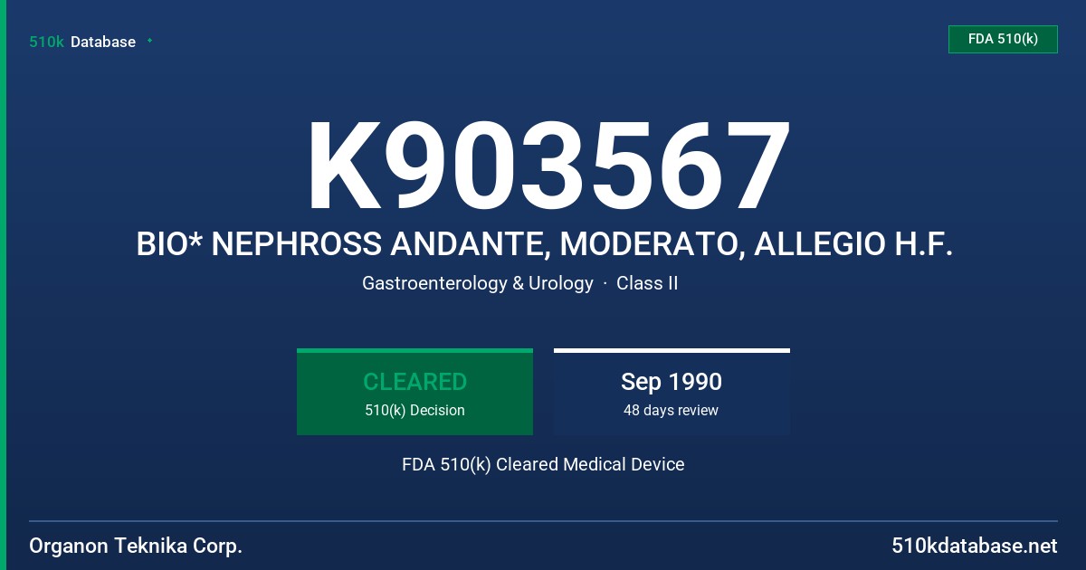 K903567 BIO* NEPHROSS ANDANTE, MODERATO, ALLEGIO H.F. FDA 510(k) Cleared Medical Device