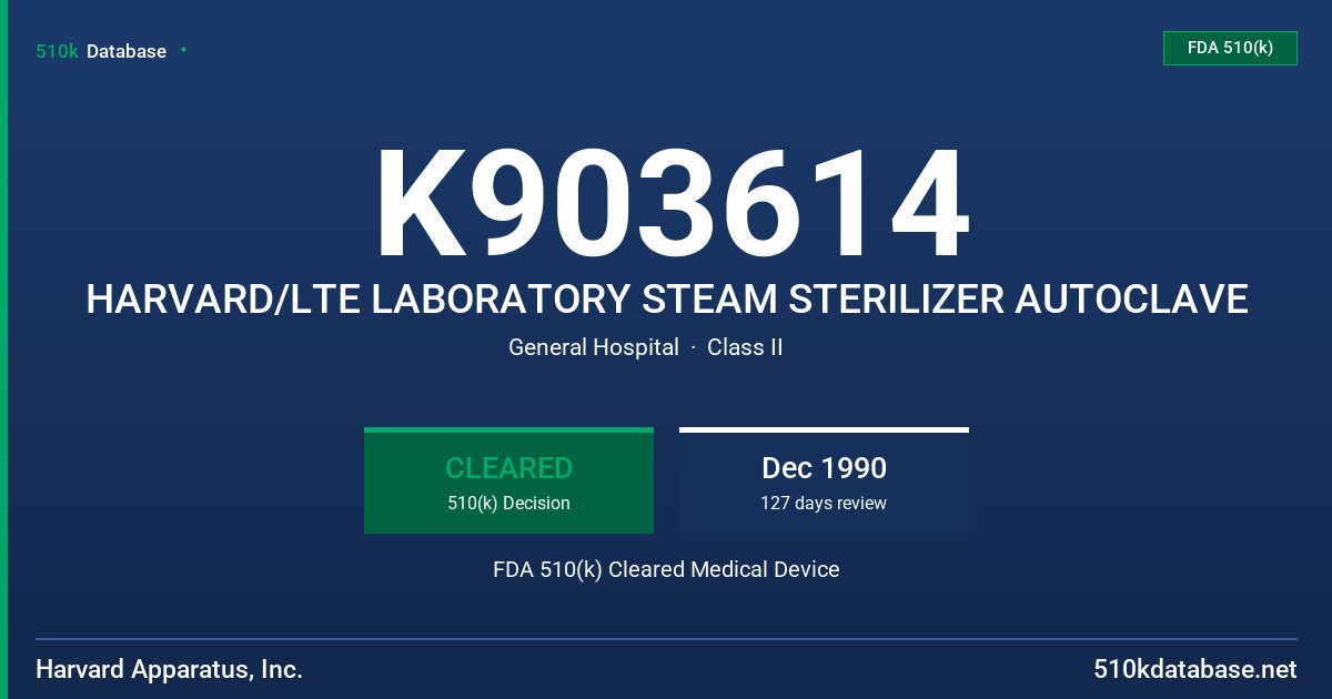 K903614 HARVARD/LTE LABORATORY STEAM STERILIZER AUTOCLAVE FDA 510(k) Cleared Medical Device