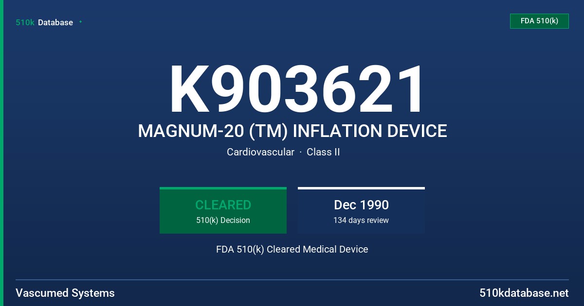 K903621 MAGNUM-20 (TM) INFLATION DEVICE FDA 510(k) Cleared Medical Device