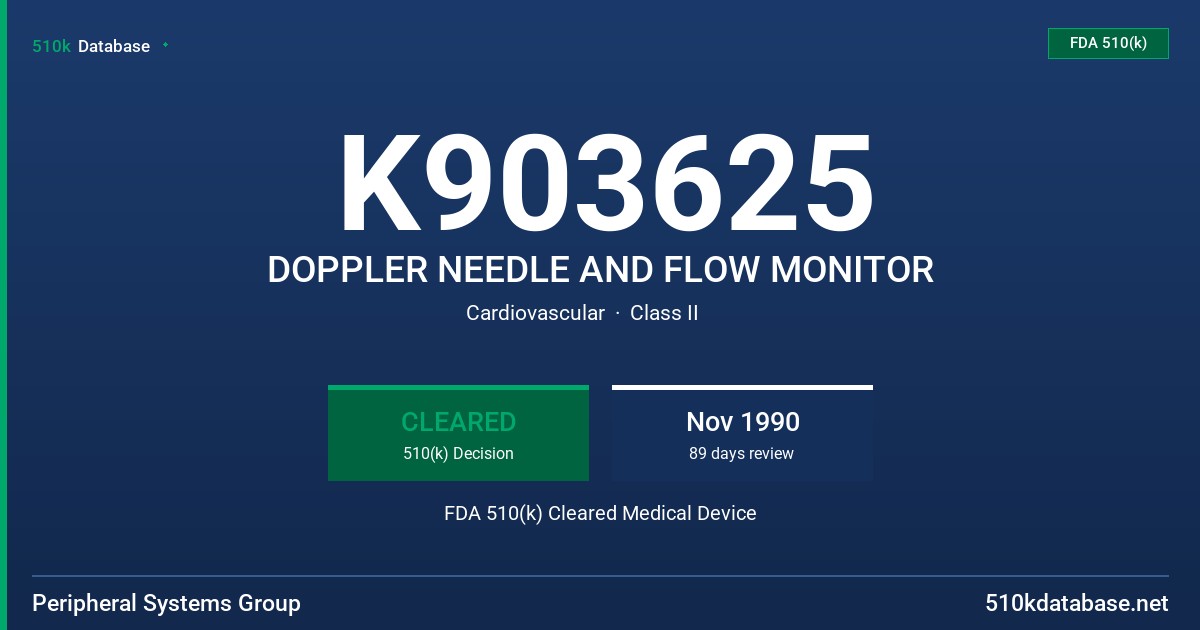 K903625 DOPPLER NEEDLE AND FLOW MONITOR FDA 510(k) Cleared Medical Device