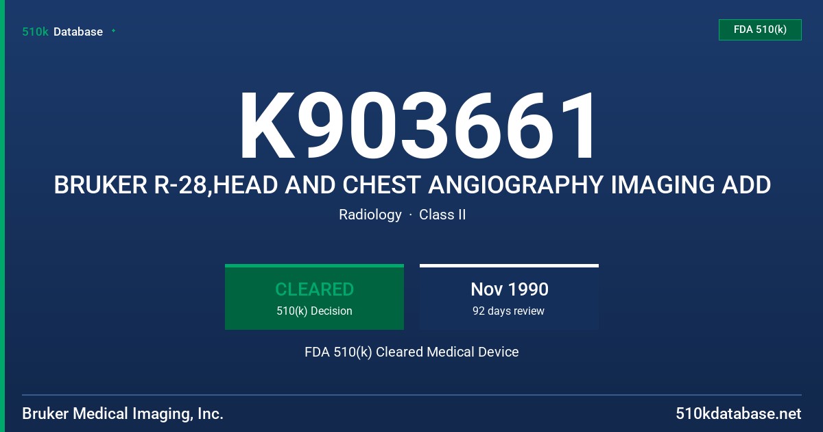 K903661 BRUKER R-28,HEAD AND CHEST ANGIOGRAPHY IMAGING ADD FDA 510(k) Cleared Medical Device