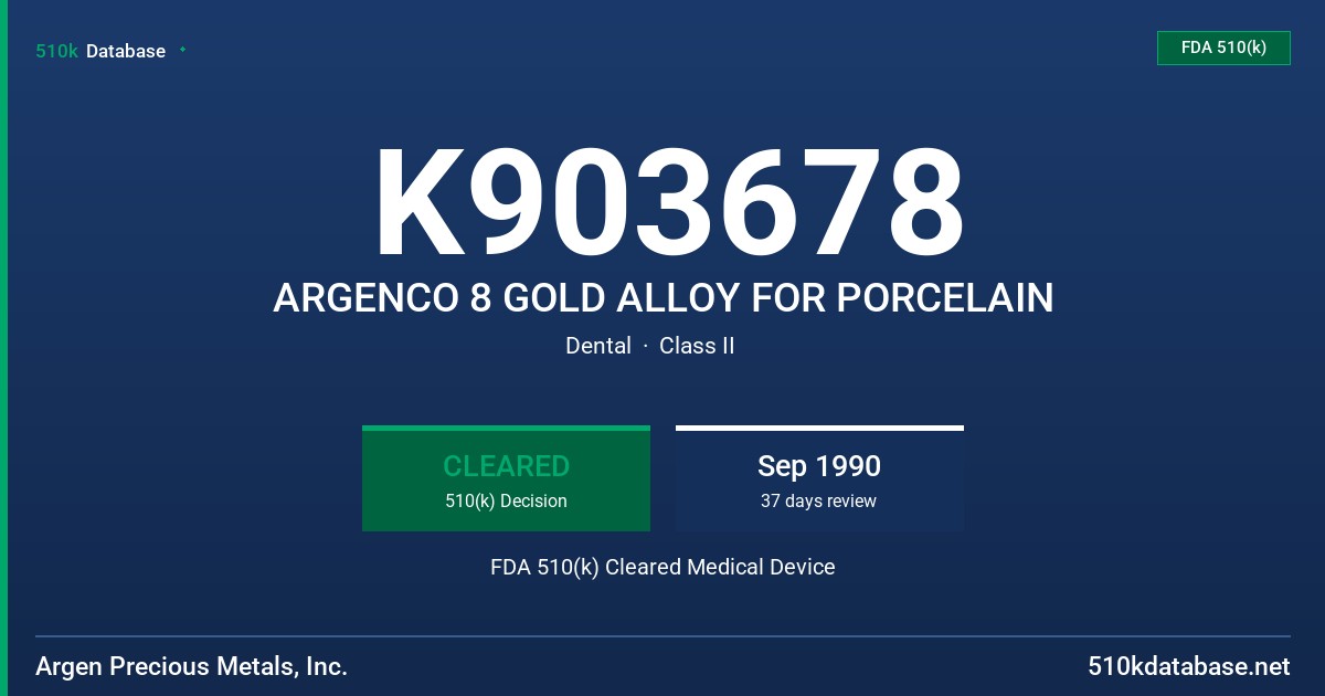 K903678 ARGENCO 8 GOLD ALLOY FOR PORCELAIN FDA 510(k) Cleared Medical Device