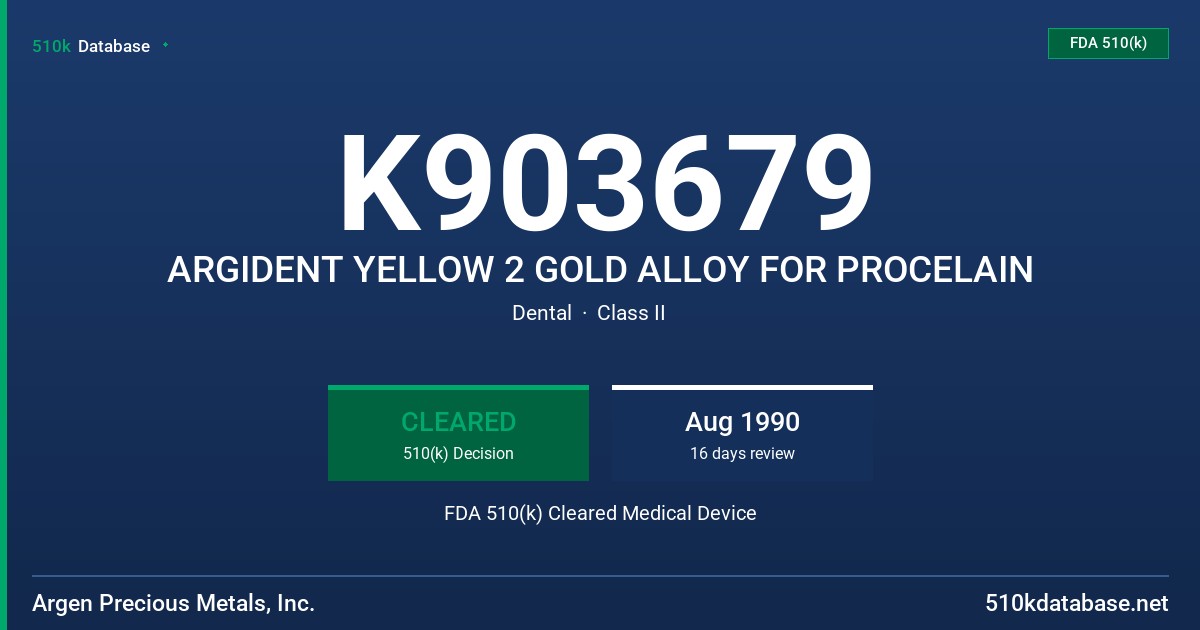 K903679 ARGIDENT YELLOW 2 GOLD ALLOY FOR PROCELAIN FDA 510(k) Cleared Medical Device