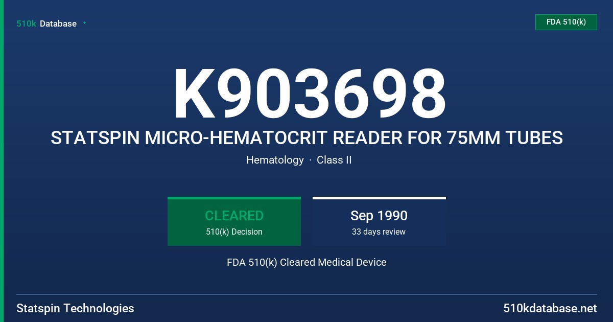 K903698 STATSPIN MICRO-HEMATOCRIT READER FOR 75MM TUBES FDA 510(k) Cleared Medical Device