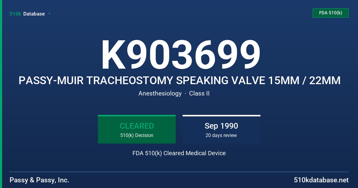 K903699 PASSY-MUIR TRACHEOSTOMY SPEAKING VALVE 15MM / 22MM FDA 510(k) Cleared Medical Device