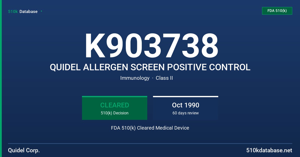K903738 QUIDEL ALLERGEN SCREEN POSITIVE CONTROL FDA 510(k) Cleared Medical Device
