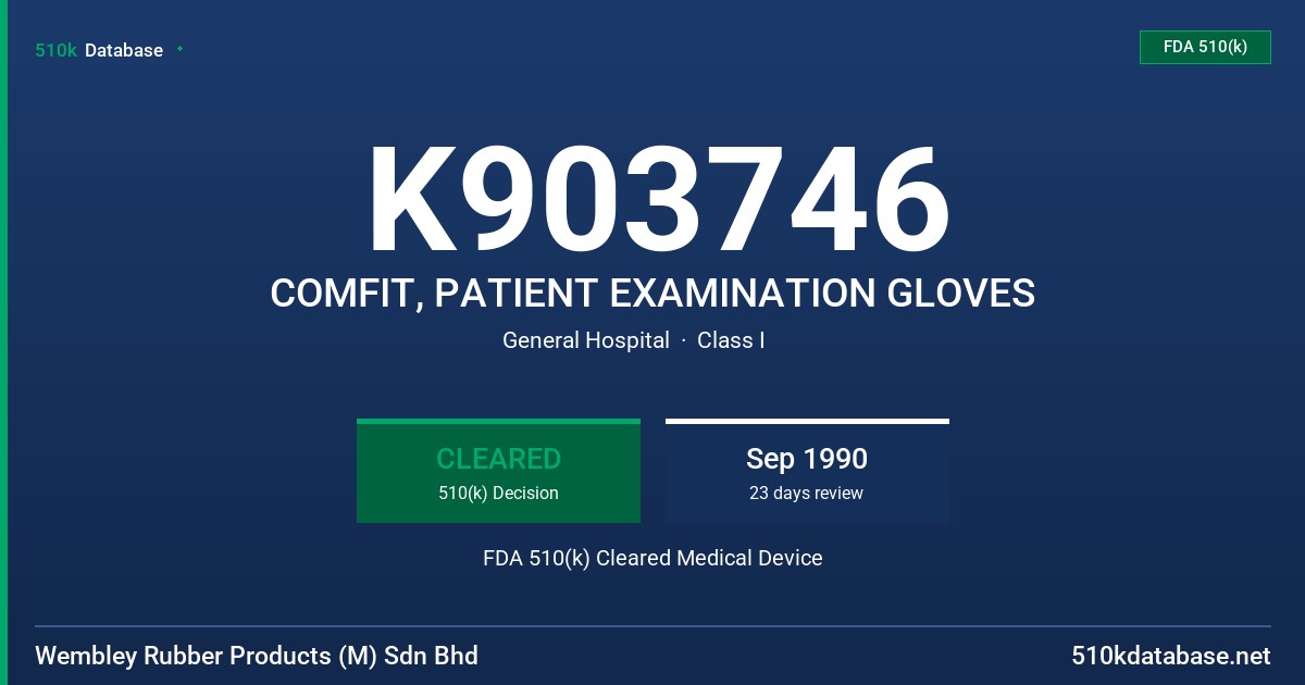 K903746 COMFIT, PATIENT EXAMINATION GLOVES FDA 510(k) Cleared Medical Device