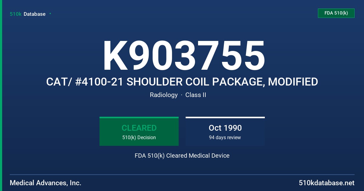 K903755 CAT/ #4100-21 SHOULDER COIL PACKAGE, MODIFIED FDA 510(k) Cleared Medical Device