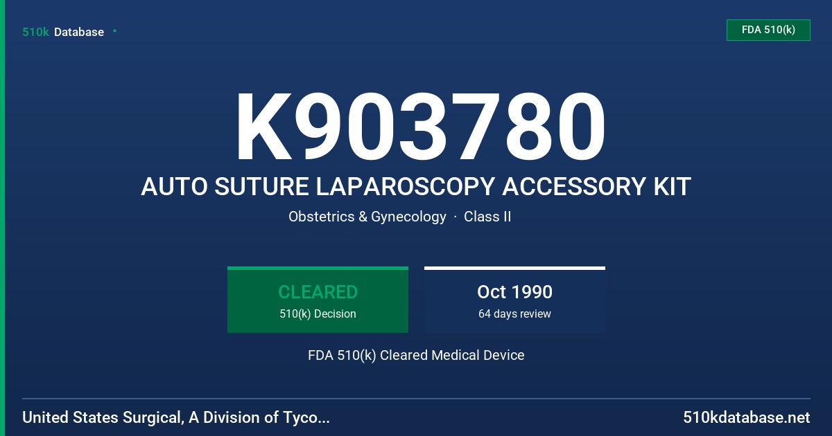 K903780 AUTO SUTURE LAPAROSCOPY ACCESSORY KIT FDA 510(k) Cleared Medical Device