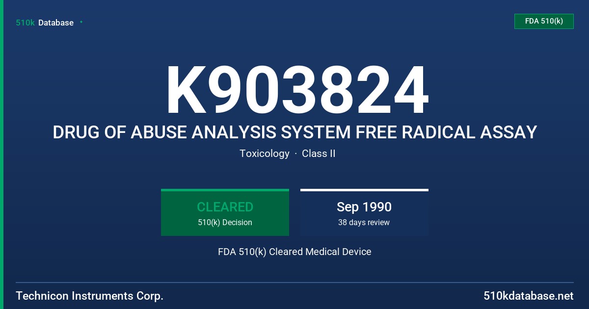 K903824 DRUG OF ABUSE ANALYSIS SYSTEM FREE RADICAL ASSAY FDA 510(k) Cleared Medical Device