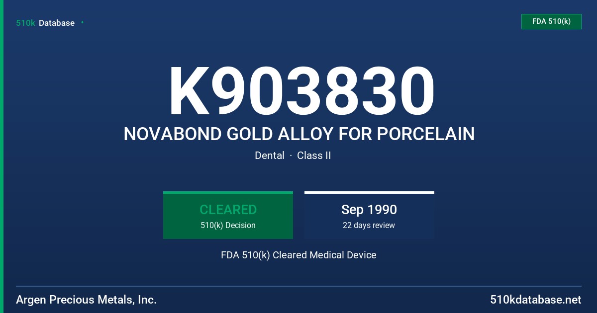 K903830 NOVABOND GOLD ALLOY FOR PORCELAIN FDA 510(k) Cleared Medical Device