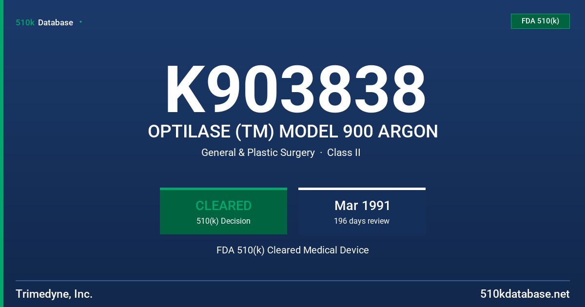 K903838 OPTILASE (TM) MODEL 900 ARGON FDA 510(k) Cleared Medical Device
