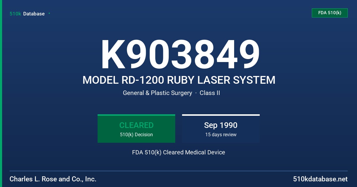 K903849 MODEL RD-1200 RUBY LASER SYSTEM FDA 510(k) Cleared Medical Device