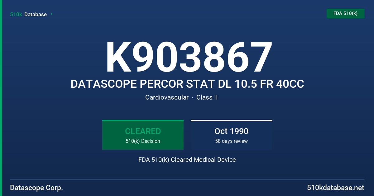 K903867 DATASCOPE PERCOR STAT DL 10.5 FR 40CC FDA 510(k) Cleared Medical Device