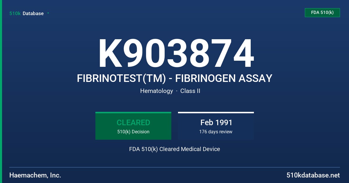 K903874 FIBRINOTEST(TM) - FIBRINOGEN ASSAY FDA 510(k) Cleared Medical Device