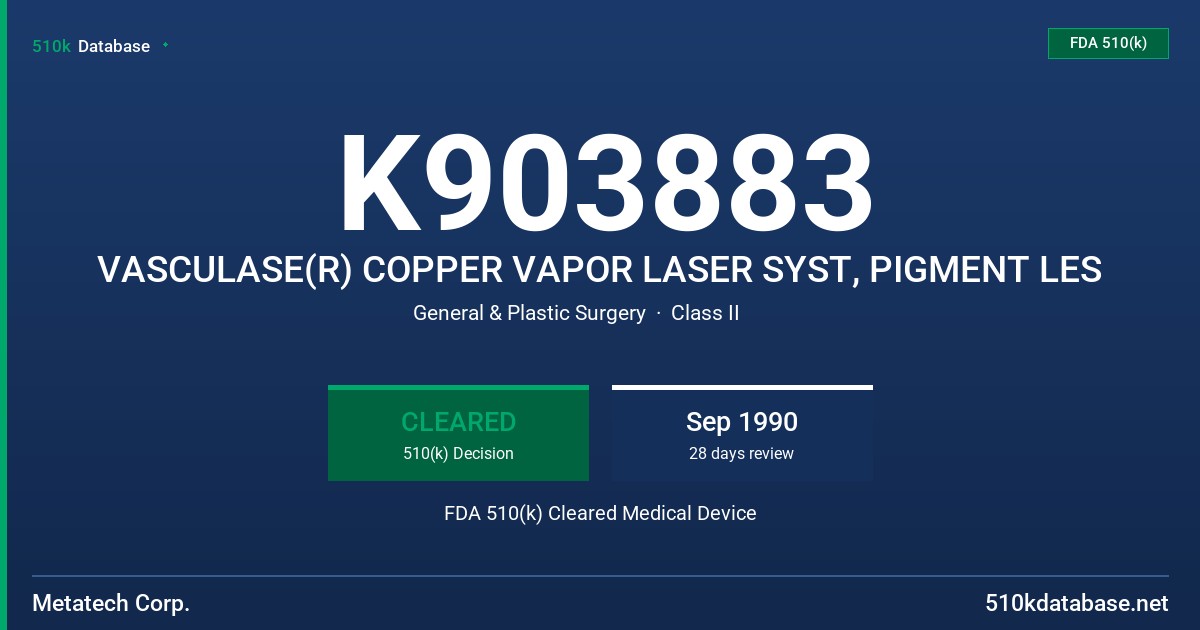 K903883 VASCULASE(R) COPPER VAPOR LASER SYST, PIGMENT LES FDA 510(k) Cleared Medical Device