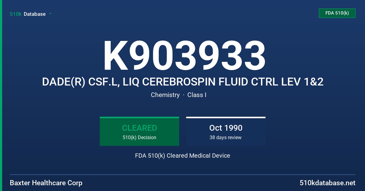 K903933 DADE(R) CSF.L, LIQ CEREBROSPIN FLUID CTRL LEV 1&2 FDA 510(k) Cleared Medical Device
