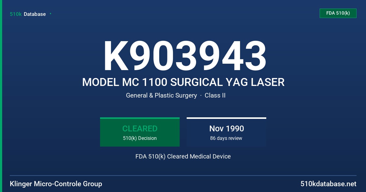 K903943 MODEL MC 1100 SURGICAL YAG LASER FDA 510(k) Cleared Medical Device