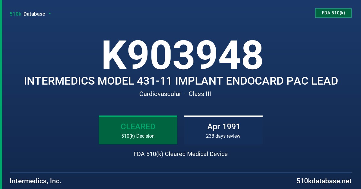 K903948 INTERMEDICS MODEL 431-11 IMPLANT ENDOCARD PAC LEAD FDA 510(k) Cleared Medical Device