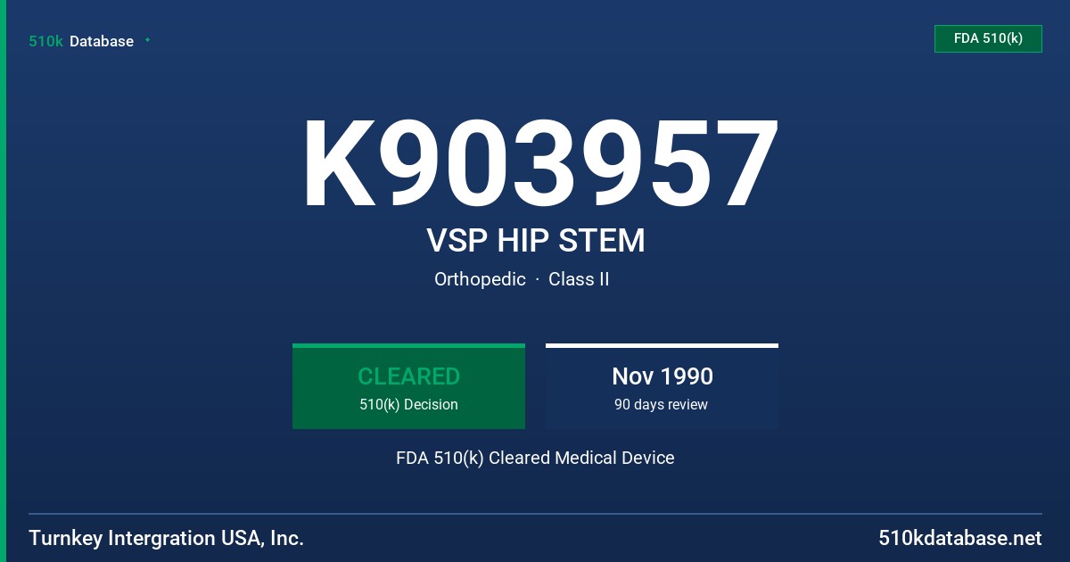 K903957 VSP HIP STEM FDA 510(k) Cleared Medical Device