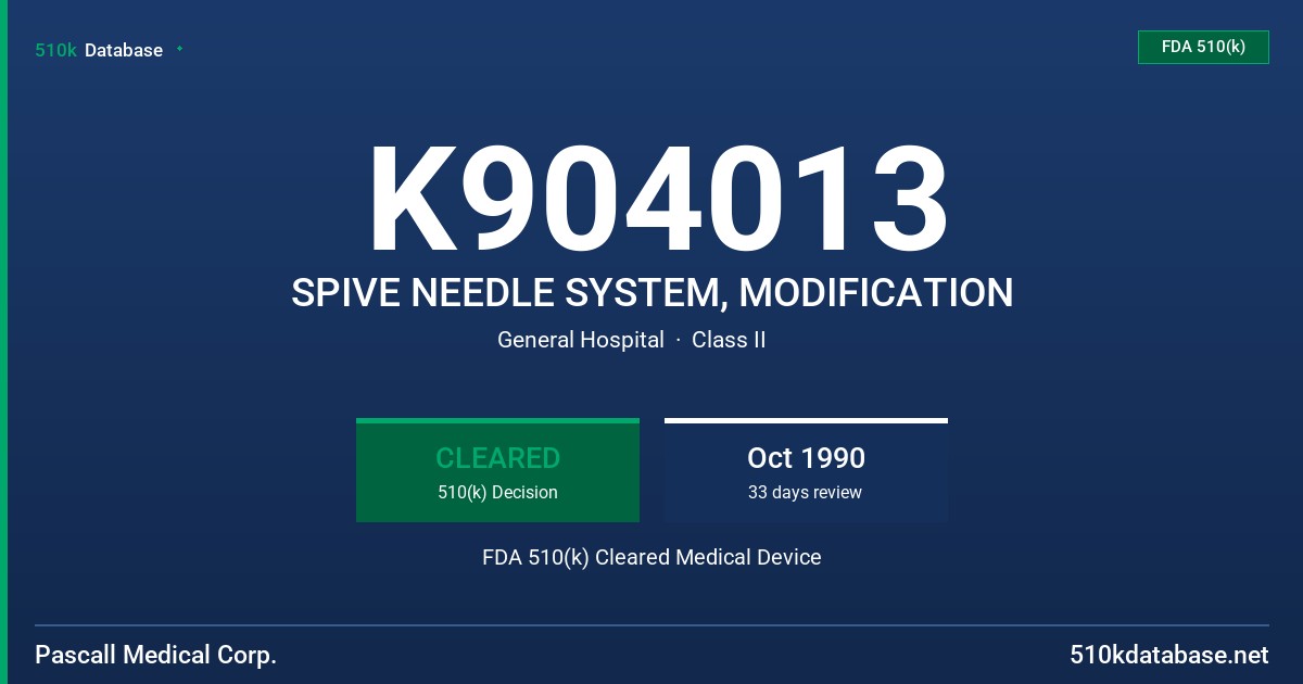 K904013 SPIVE NEEDLE SYSTEM, MODIFICATION FDA 510(k) Cleared Medical Device