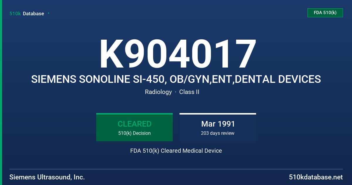 K904017 SIEMENS SONOLINE SI-450, OB/GYN,ENT,DENTAL DEVICES FDA 510(k) Cleared Medical Device