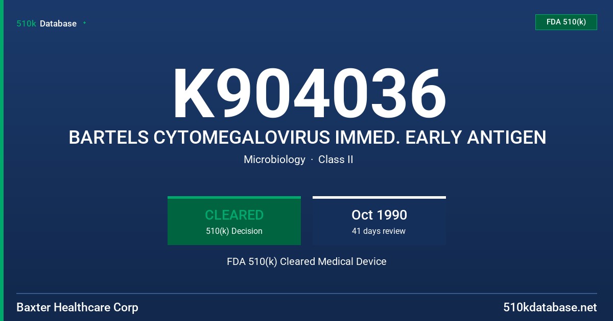 K904036 BARTELS CYTOMEGALOVIRUS IMMED. EARLY ANTIGEN FDA 510(k) Cleared Medical Device