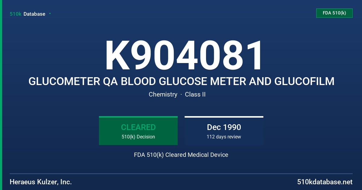 K904081 GLUCOMETER QA BLOOD GLUCOSE METER AND GLUCOFILM FDA 510(k) Cleared Medical Device
