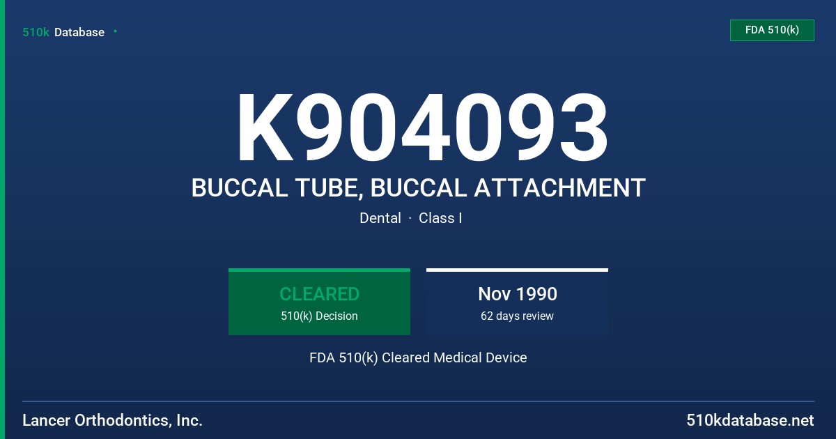 K904093 BUCCAL TUBE, BUCCAL ATTACHMENT FDA 510(k) Cleared Medical Device