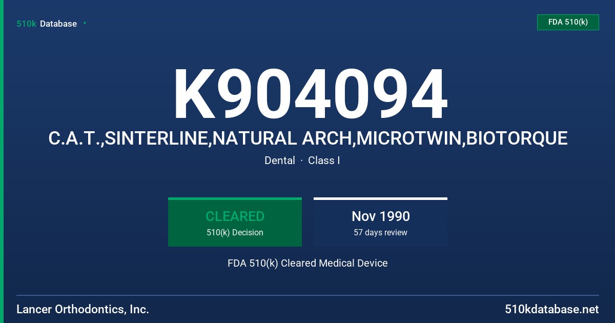 K904094 C.A.T.,SINTERLINE,NATURAL ARCH,MICROTWIN,BIOTORQUE FDA 510(k) Cleared Medical Device