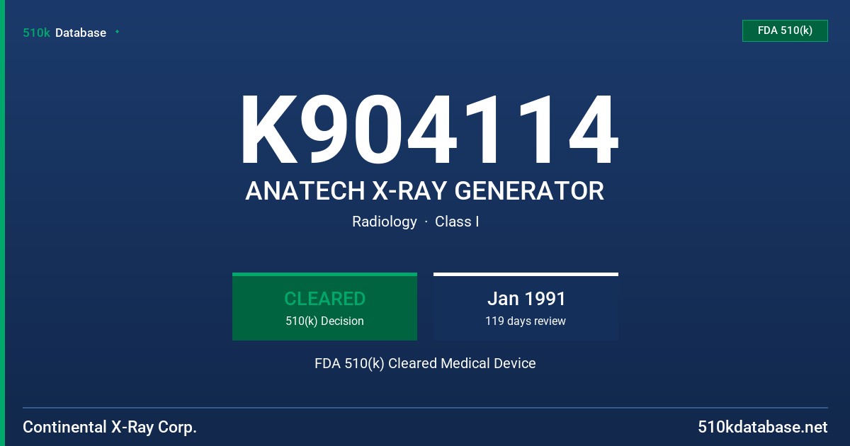 K904114 ANATECH X-RAY GENERATOR FDA 510(k) Cleared Medical Device