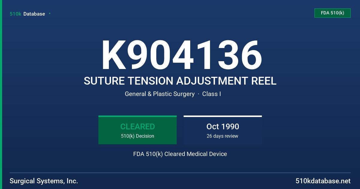 K904136 SUTURE TENSION ADJUSTMENT REEL FDA 510(k) Cleared Medical Device
