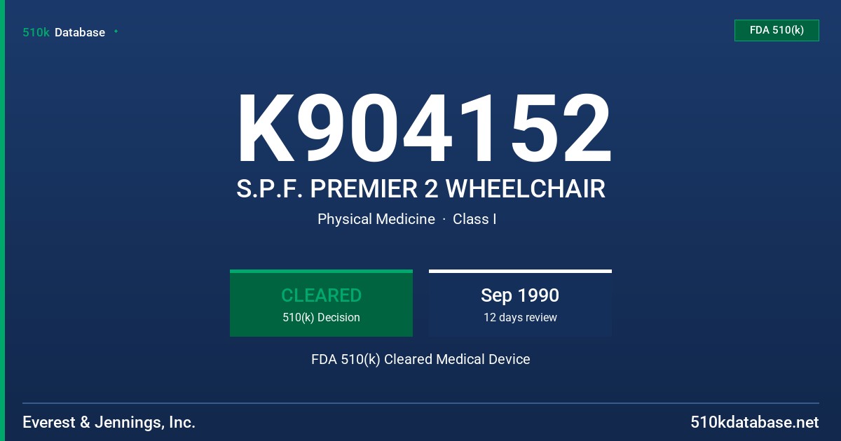 K904152 S.P.F. PREMIER 2 WHEELCHAIR FDA 510(k) Cleared Medical Device