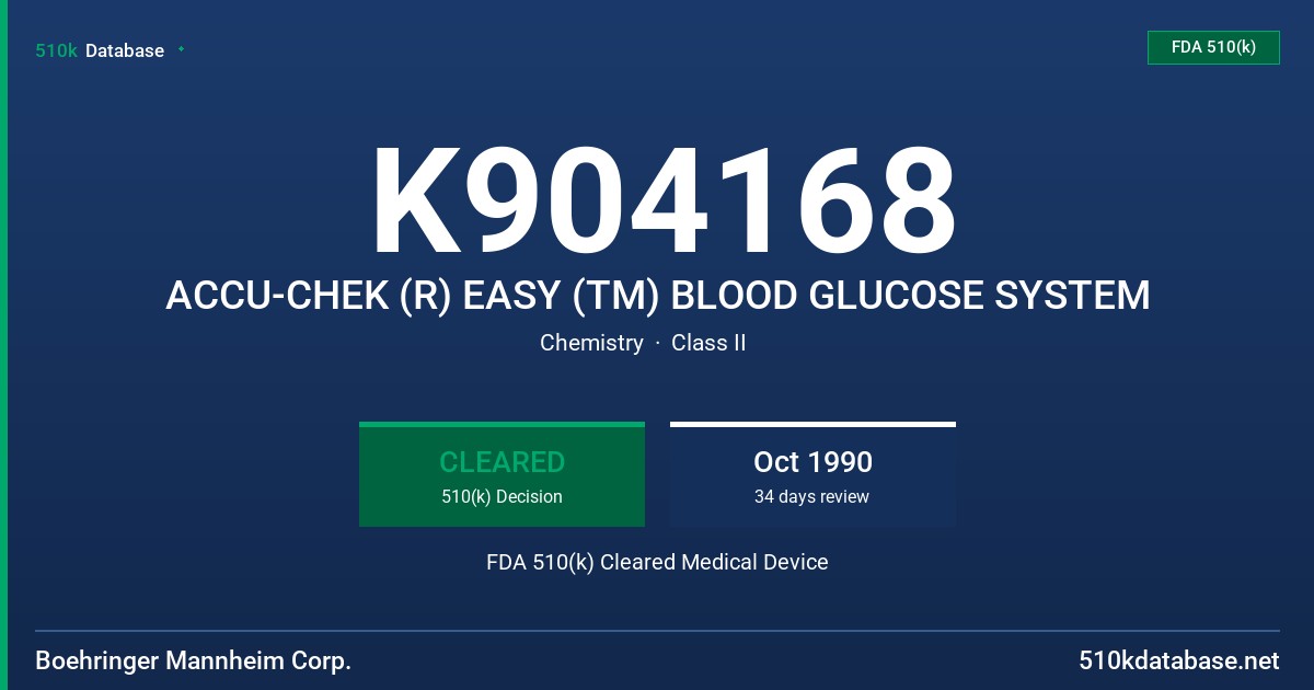 K904168 ACCU-CHEK (R) EASY (TM) BLOOD GLUCOSE SYSTEM FDA 510(k) Cleared Medical Device