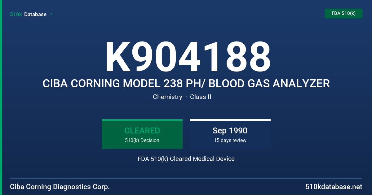 K904188 CIBA CORNING MODEL 238 PH/ BLOOD GAS ANALYZER FDA 510(k) Cleared Medical Device