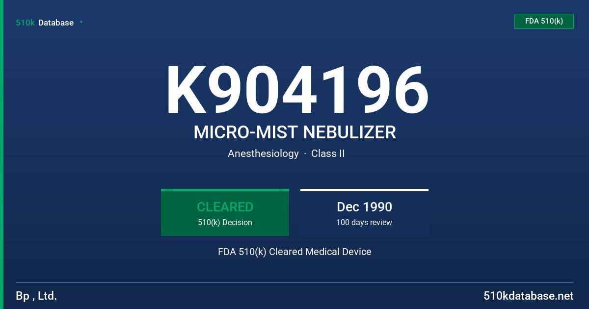 K904196 MICRO-MIST NEBULIZER FDA 510(k) Cleared Medical Device