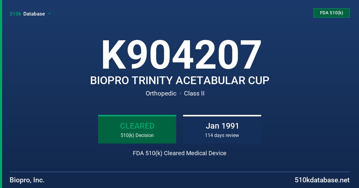 K904207 BIOPRO TRINITY ACETABULAR CUP FDA 510(k) Cleared Medical Device