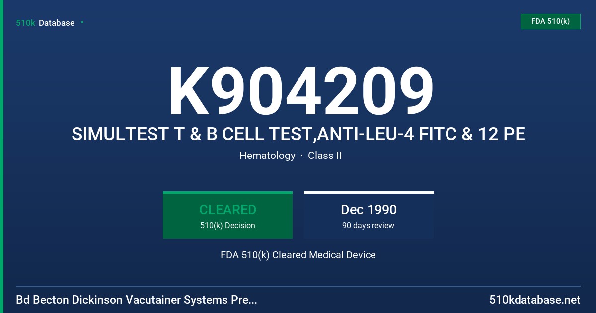 K904209 SIMULTEST T & B CELL TEST,ANTI-LEU-4 FITC & 12 PE FDA 510(k) Cleared Medical Device