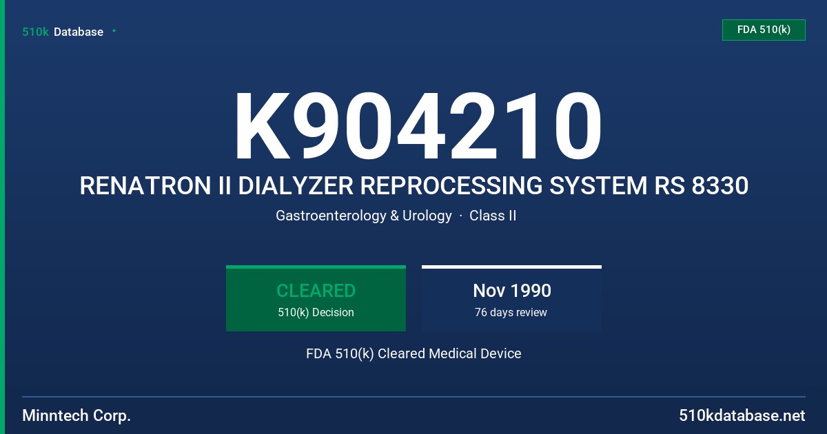 K904210 RENATRON II DIALYZER REPROCESSING SYSTEM RS 8330 FDA 510(k) Cleared Medical Device