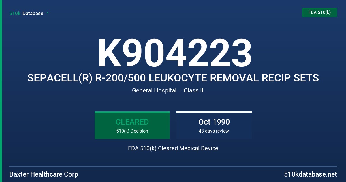 K904223 SEPACELL(R) R-200/500 LEUKOCYTE REMOVAL RECIP SETS FDA 510(k) Cleared Medical Device